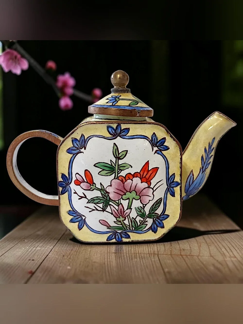 Vtg MINI Enameled Floral Teapot Chinoiserie Cloisonne Bloomcore Cottage Diorama